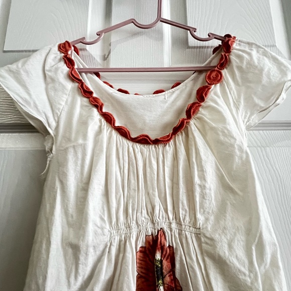 White Flowy Dress with Floral Embroidery and Orange Scalloped Neckline - Picture 2 of 2